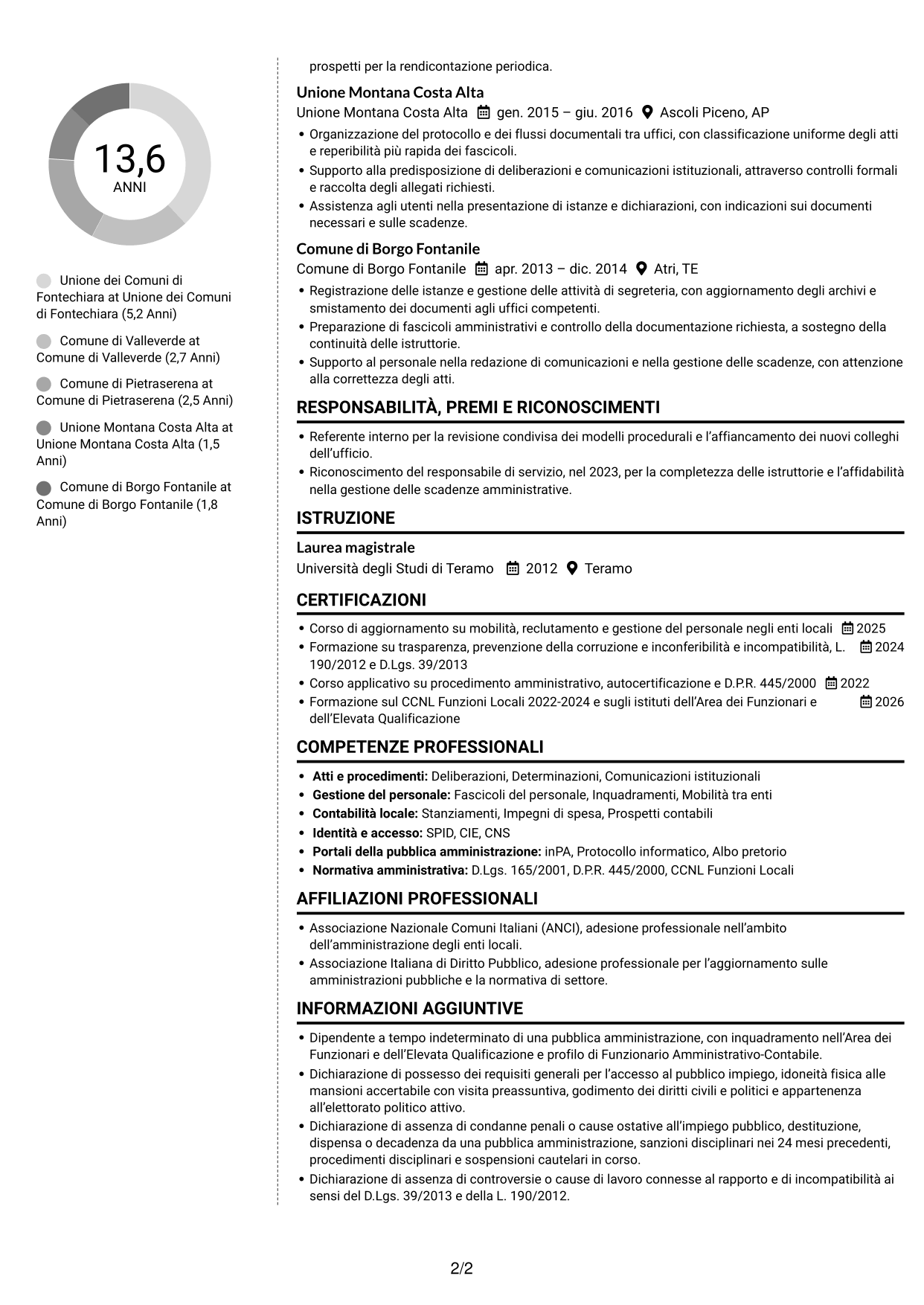 CV Moderno (formato a due colonne con foto a sinistra e separatore): Funzionario amministrativo - Enti locali, pagina 2
