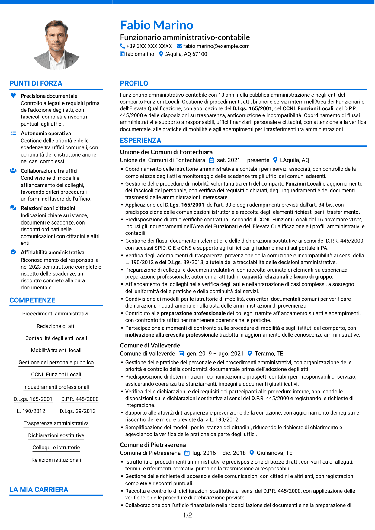 CV Audace (formato a due colonne con accenti colorati e foto): Funzionario amministrativo - Enti locali, pagina 1