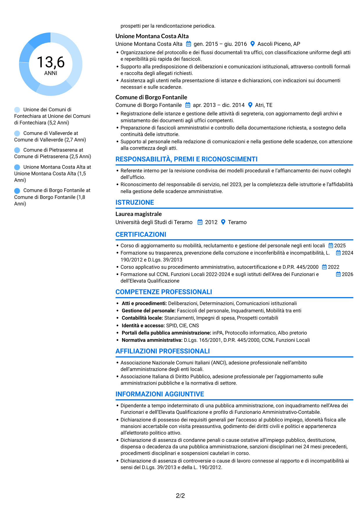 CV Audace (formato a due colonne con accenti colorati e foto): Funzionario amministrativo - Enti locali, pagina 2