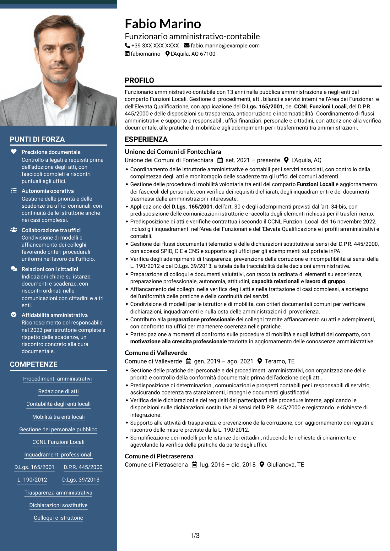 CV Signature (formato con colonna laterale colorata e foto grande): Funzionario amministrativo - Enti locali, pagina 1