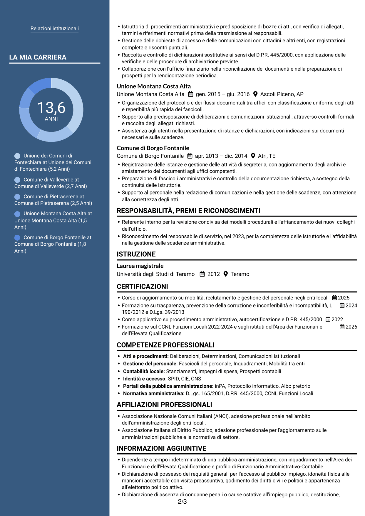 CV Signature (formato con colonna laterale colorata e foto grande): Funzionario amministrativo - Enti locali, pagina 2