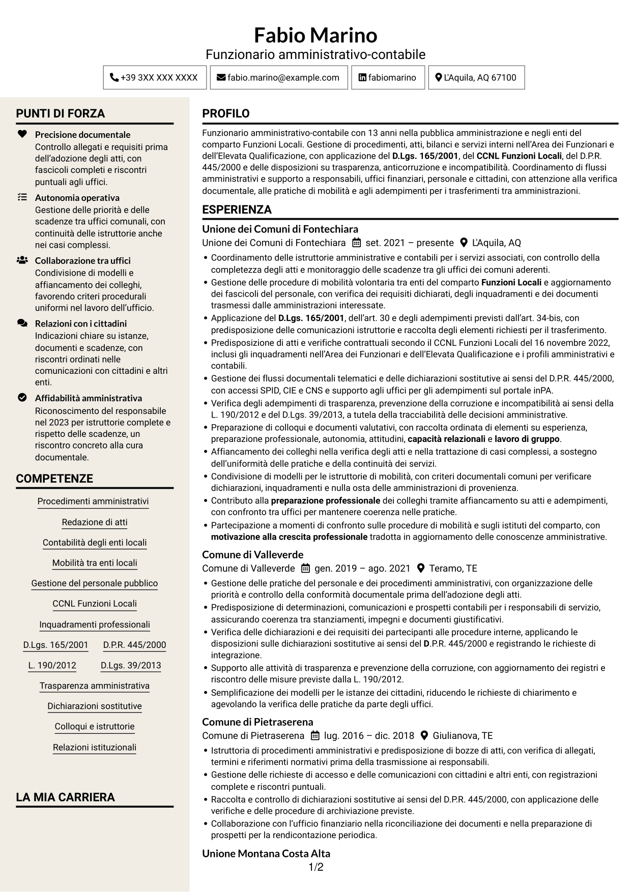 CV Intraprendente (formato a due colonne con intestazione centrata senza foto): Funzionario amministrativo - Enti locali, pagina 1