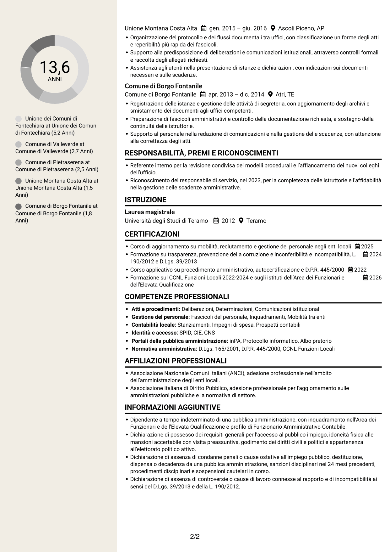 CV Intraprendente (formato a due colonne con intestazione centrata senza foto): Funzionario amministrativo - Enti locali, pagina 2