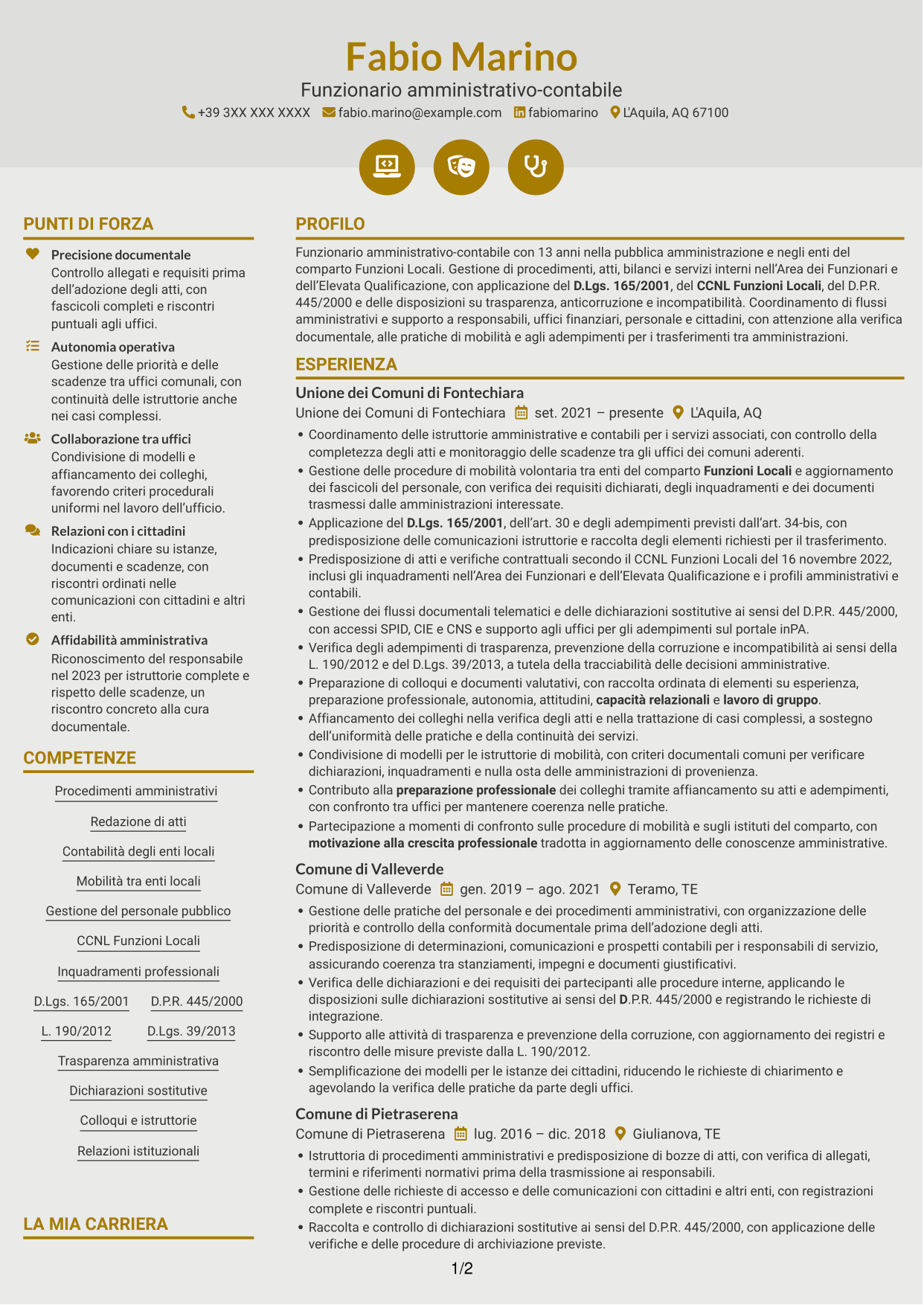 CV Dinamico (formato a due colonne con icone): Funzionario amministrativo - Enti locali, pagina 1