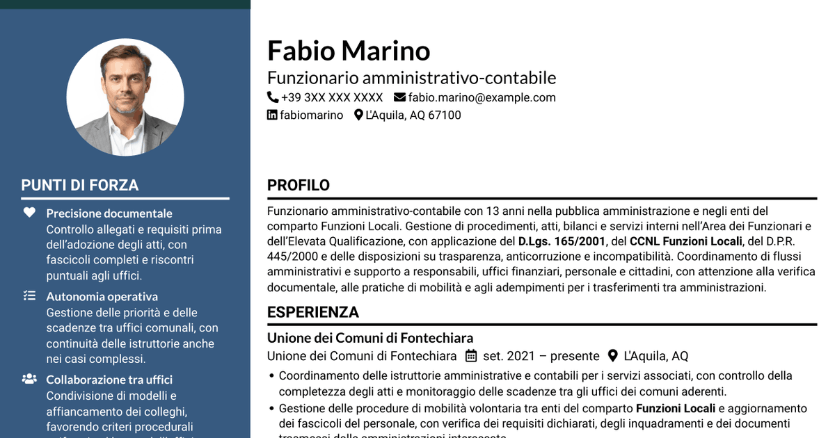 7 modelli di CV per Funzionario amministrativo - Enti locali, con esempi