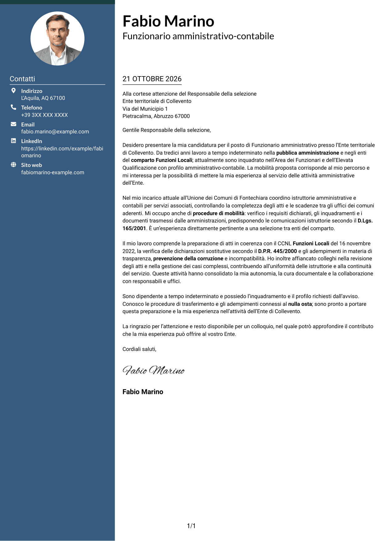 Lettera di presentazione Elegante (formato con colonna laterale colorata e foto): Funzionario amministrativo - Enti locali, pagina 1