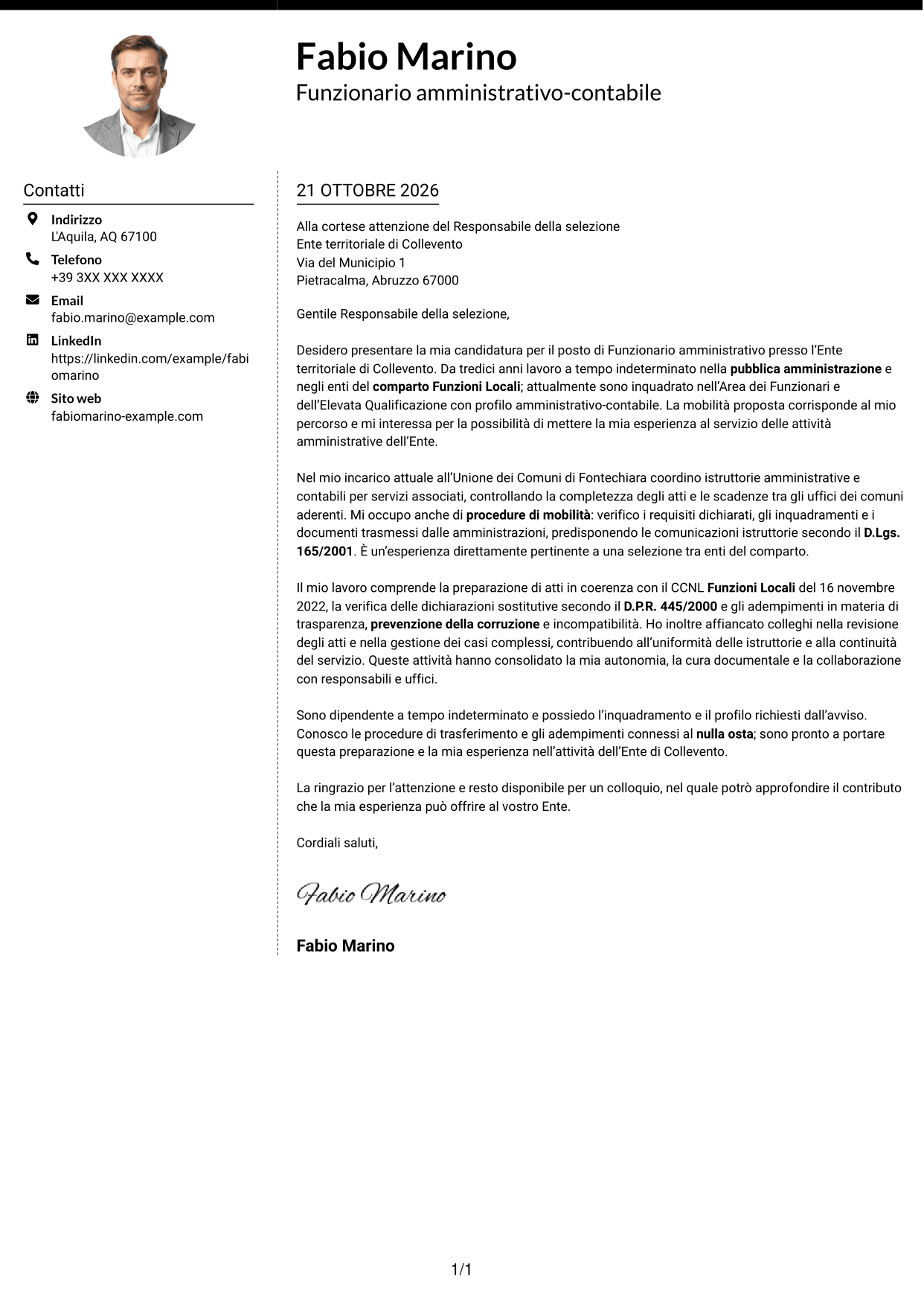 Lettera di presentazione Moderno (formato a due colonne con foto a sinistra e separatore): Funzionario amministrativo - Enti locali, pagina 1