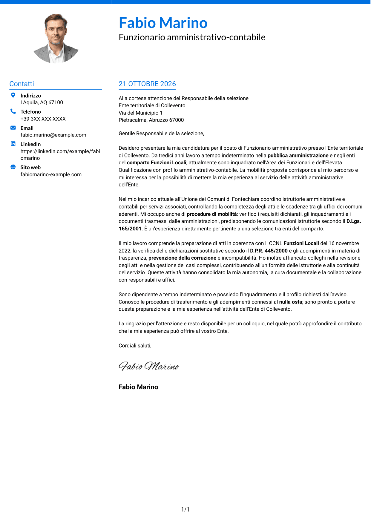 Lettera di presentazione Audace (formato a due colonne con accenti colorati e foto): Funzionario amministrativo - Enti locali, pagina 1