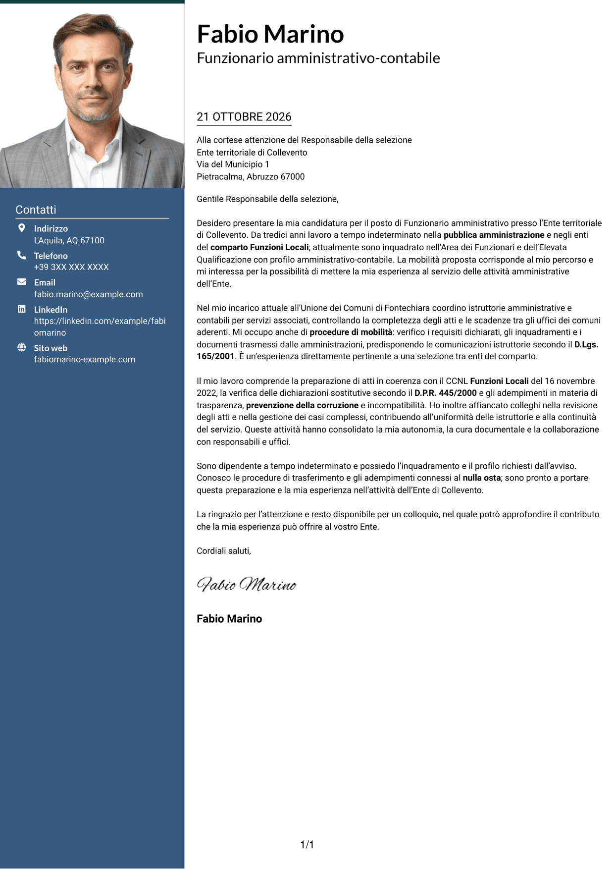 Lettera di presentazione Signature (formato con colonna laterale colorata e foto grande): Funzionario amministrativo - Enti locali, pagina 1