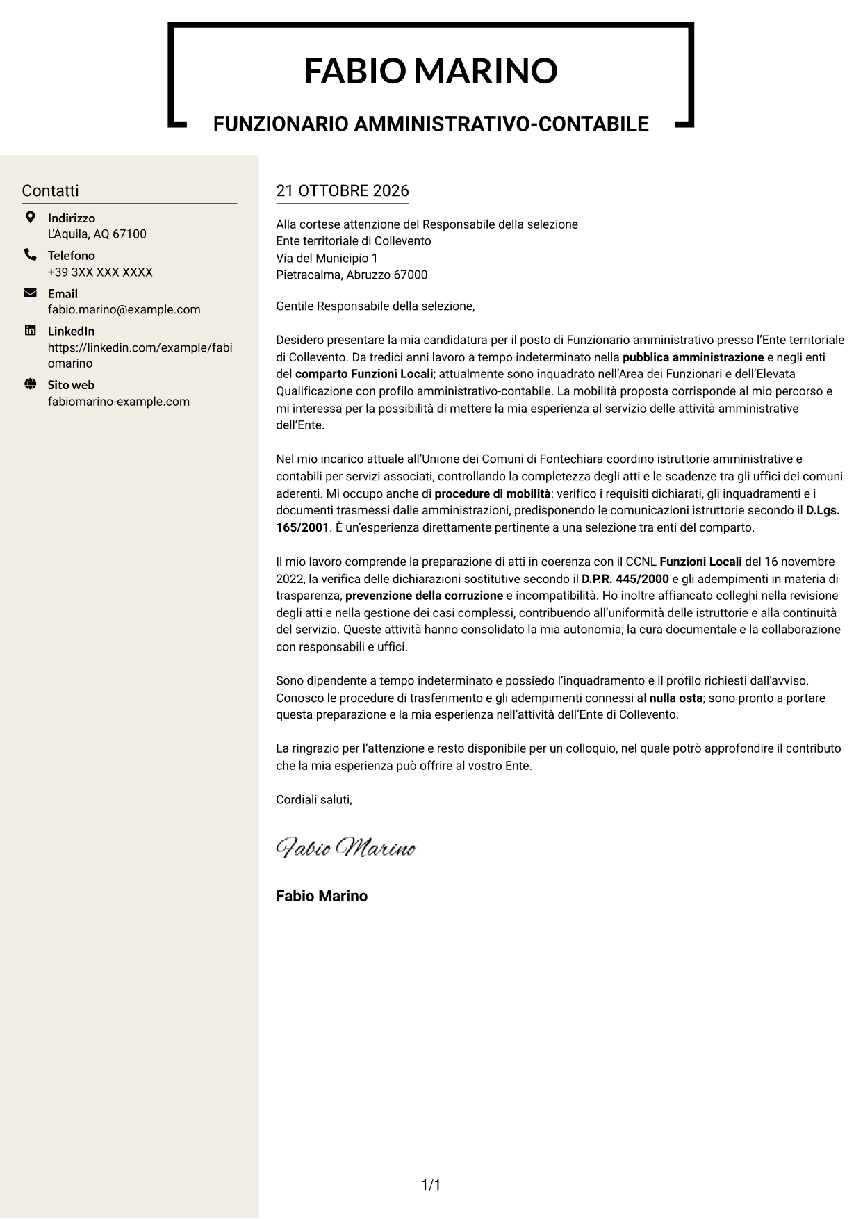 Lettera di presentazione Intraprendente (formato a due colonne con intestazione centrata senza foto): Funzionario amministrativo - Enti locali, pagina 1