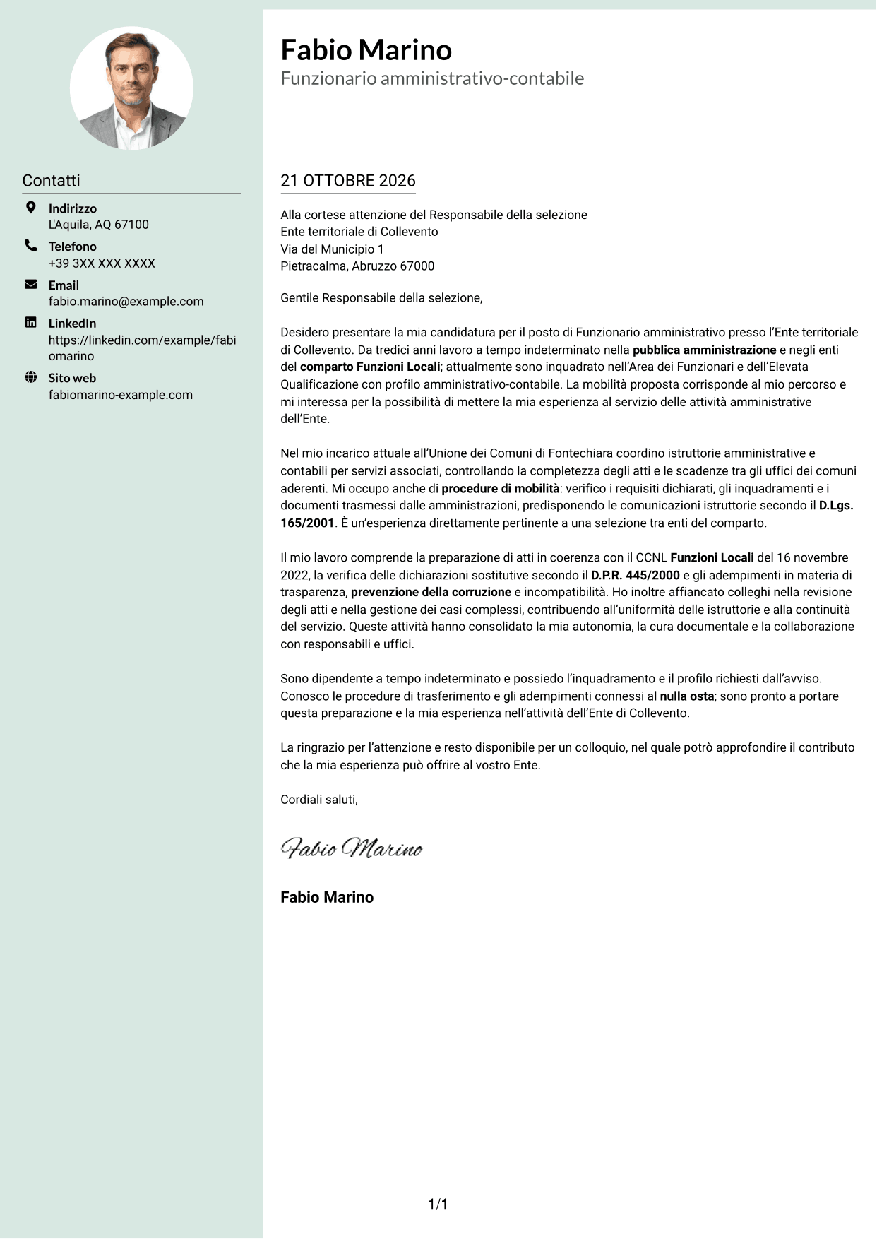Lettera di presentazione Dirigente (formato con colonna laterale tenue e foto arrotondata): Funzionario amministrativo - Enti locali, pagina 1