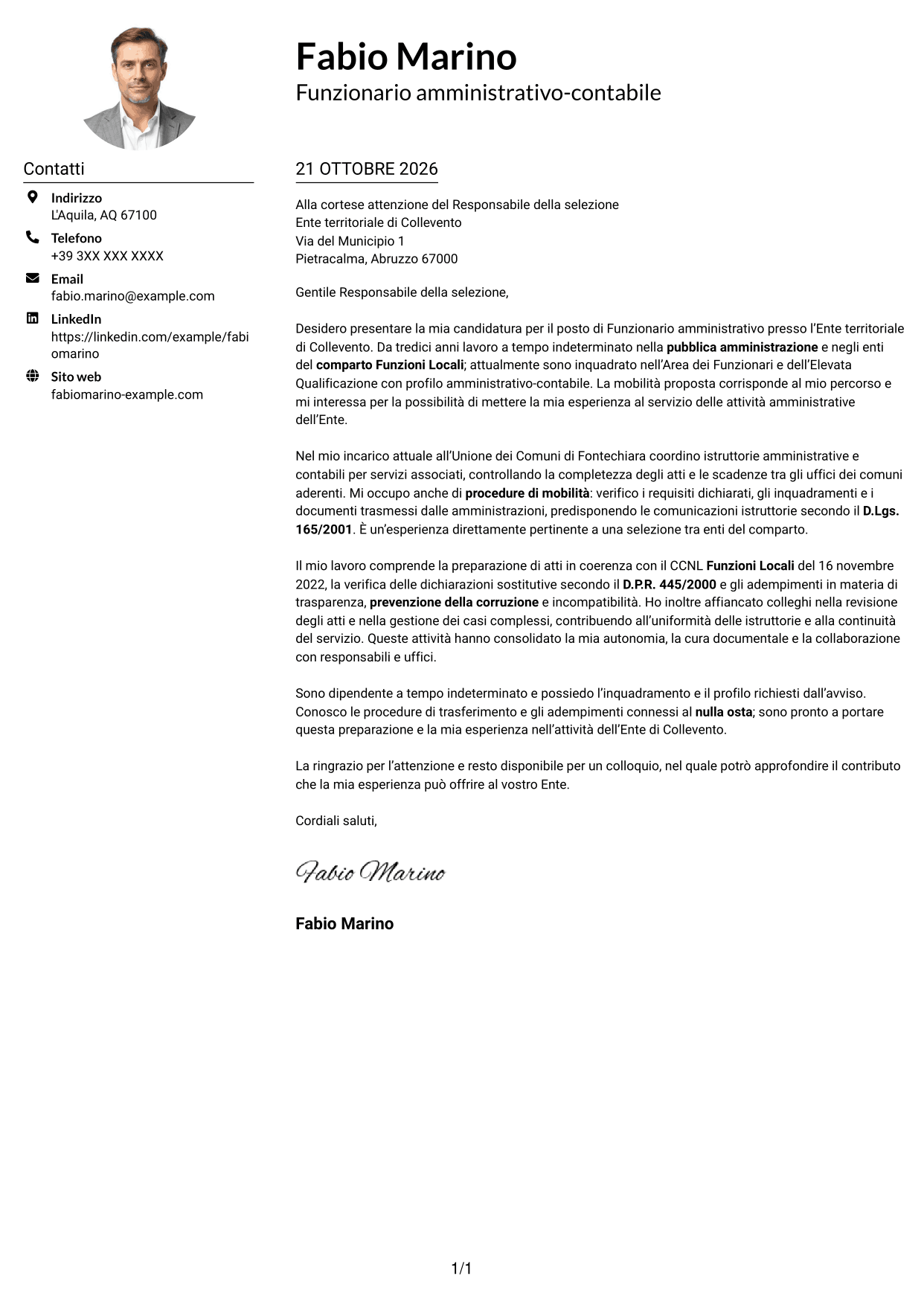 Esempio di lettera di presentazione — pagina 1