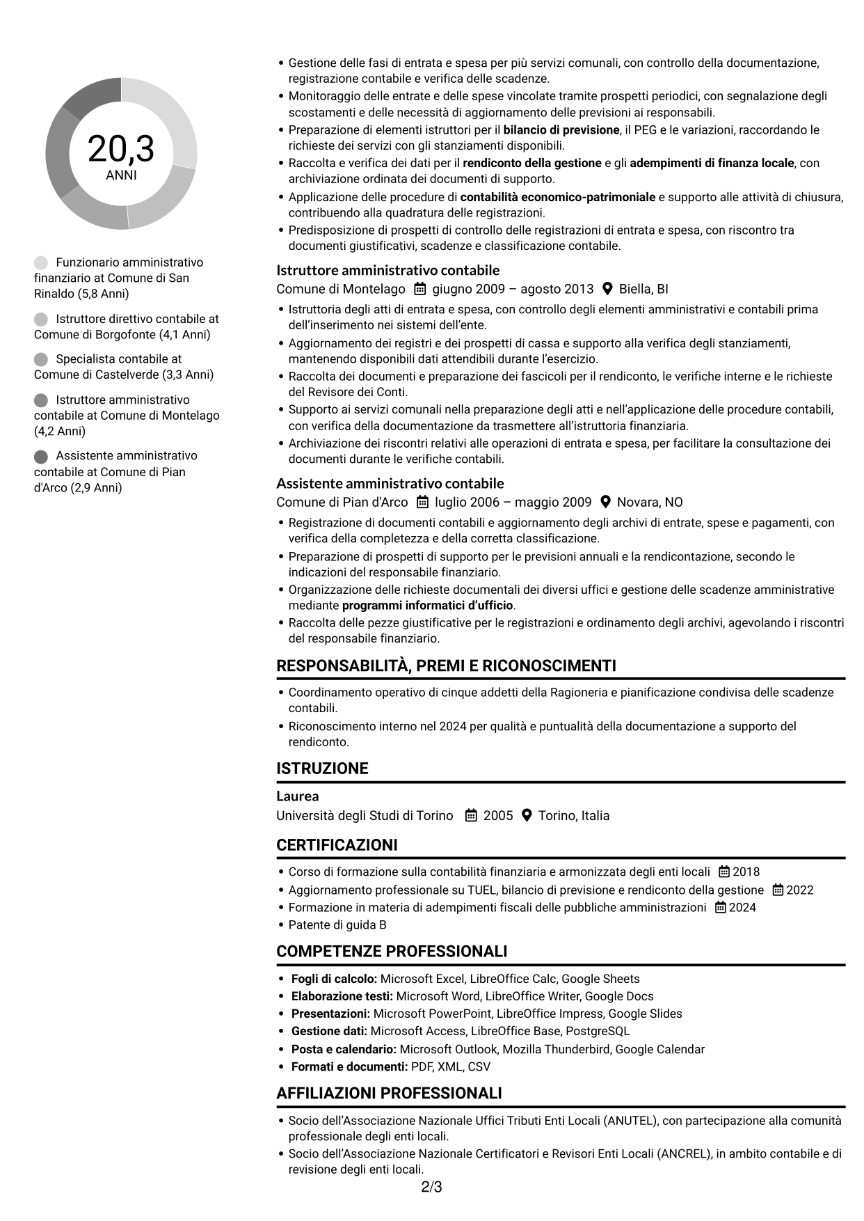 CV Compatto (formato sobrio a due colonne con foto): Funzionario amministrativo finanziario - Contabilità degli enti locali, pagina 2