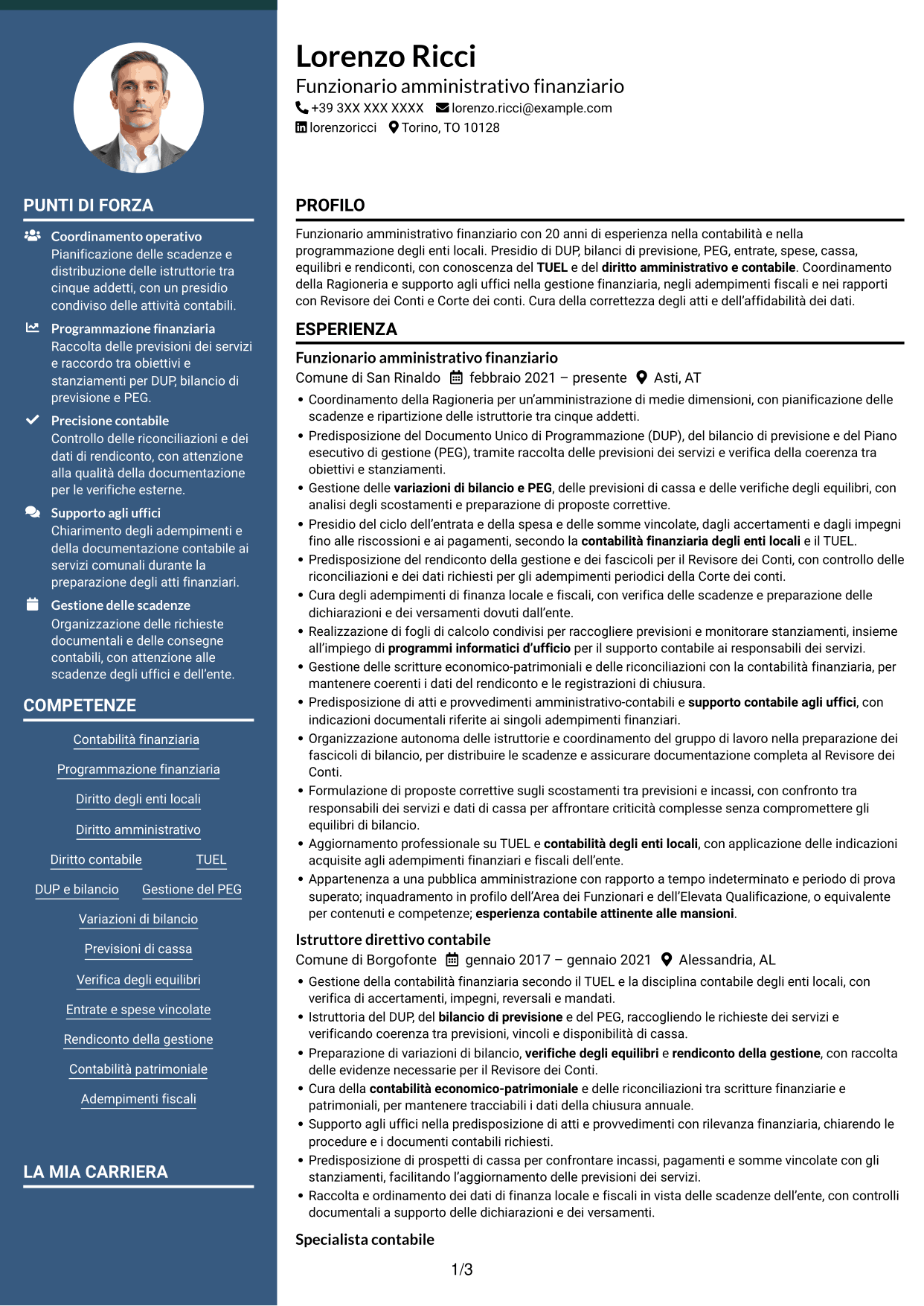 CV Elegante (formato con colonna laterale colorata e foto): Funzionario amministrativo finanziario - Contabilità degli enti locali, pagina 1