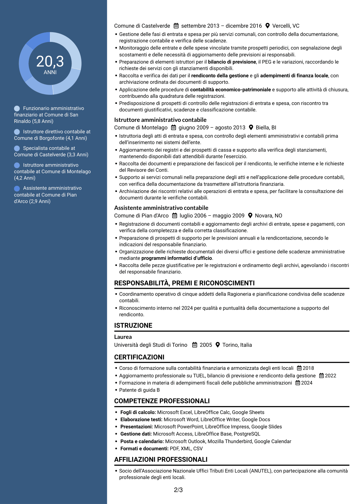 CV Elegante (formato con colonna laterale colorata e foto): Funzionario amministrativo finanziario - Contabilità degli enti locali, pagina 2