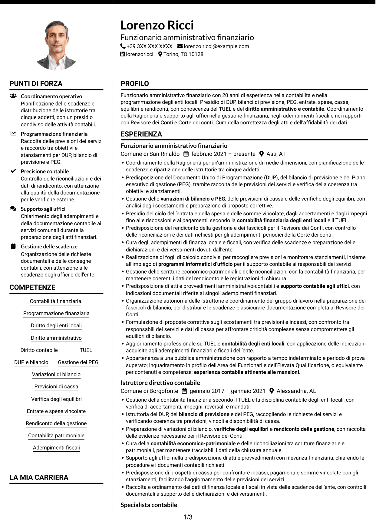 CV Moderno (formato a due colonne con foto a sinistra e separatore): Funzionario amministrativo finanziario - Contabilità degli enti locali, pagina 1