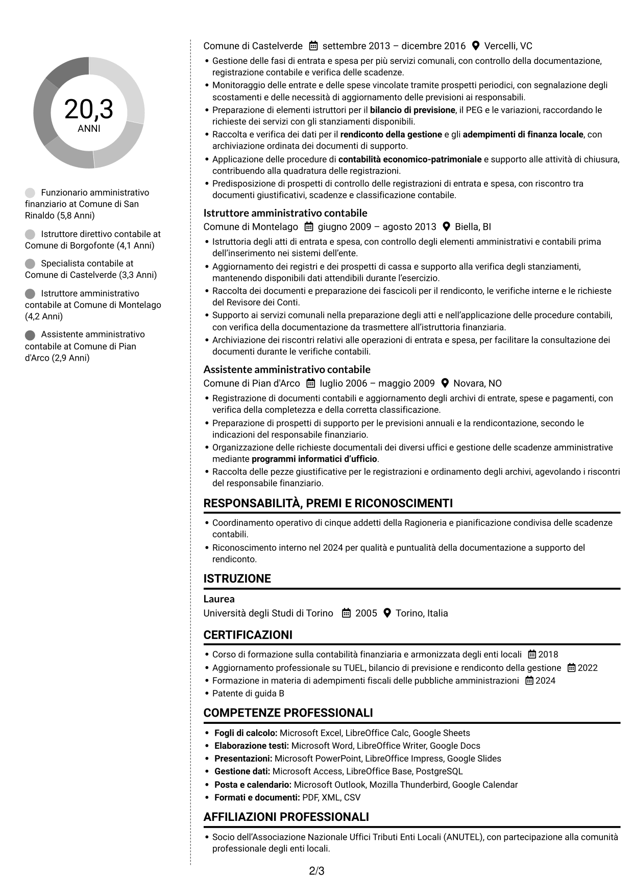 CV Moderno (formato a due colonne con foto a sinistra e separatore): Funzionario amministrativo finanziario - Contabilità degli enti locali, pagina 2