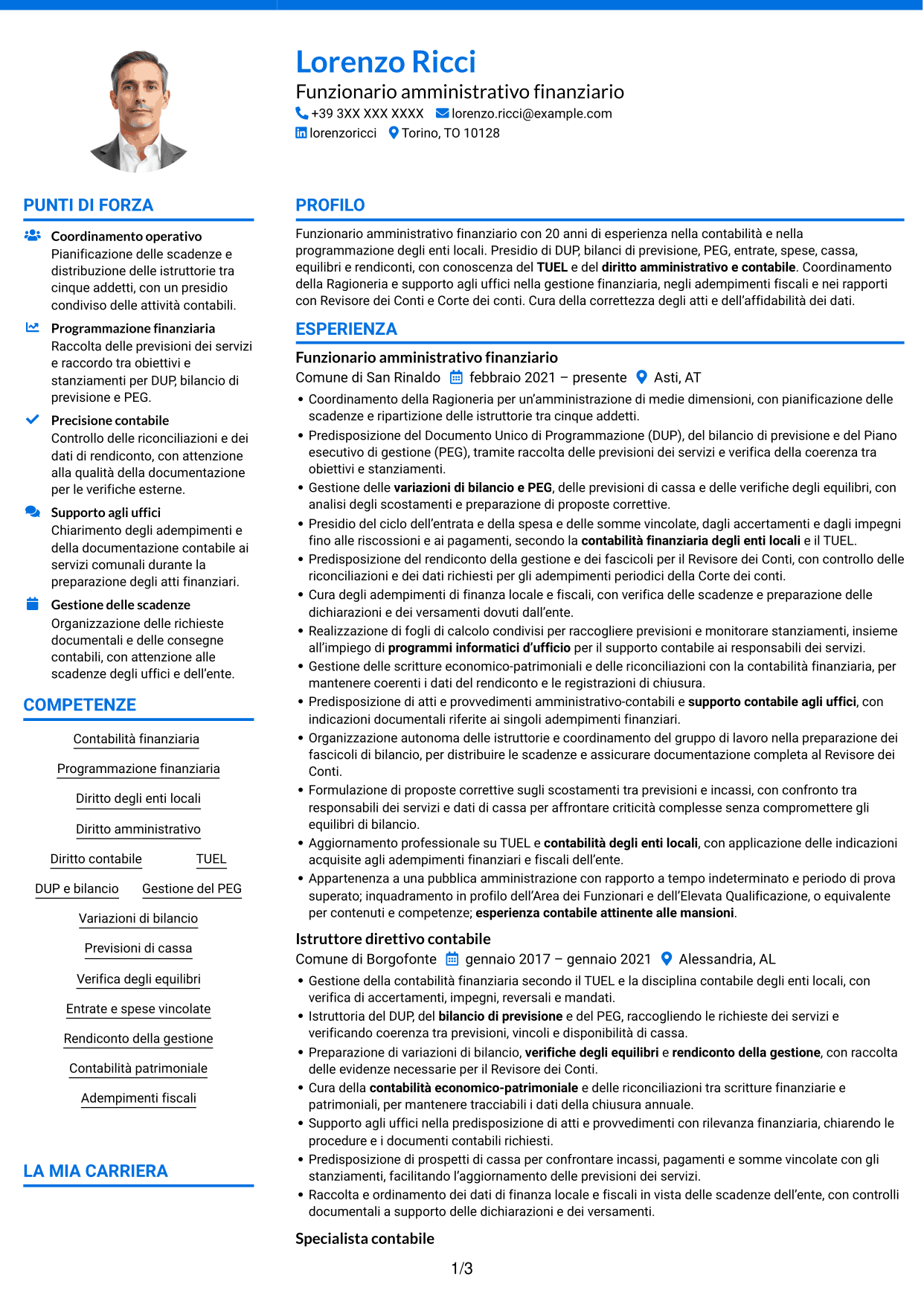 CV Audace (formato a due colonne con accenti colorati e foto): Funzionario amministrativo finanziario - Contabilità degli enti locali, pagina 1