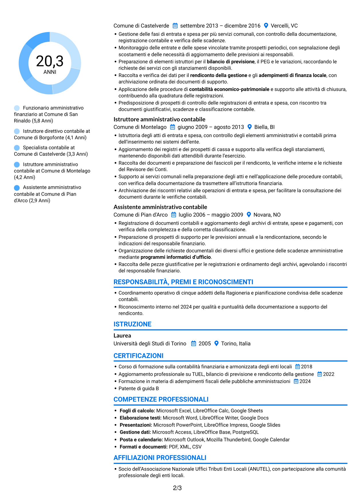 CV Audace (formato a due colonne con accenti colorati e foto): Funzionario amministrativo finanziario - Contabilità degli enti locali, pagina 2