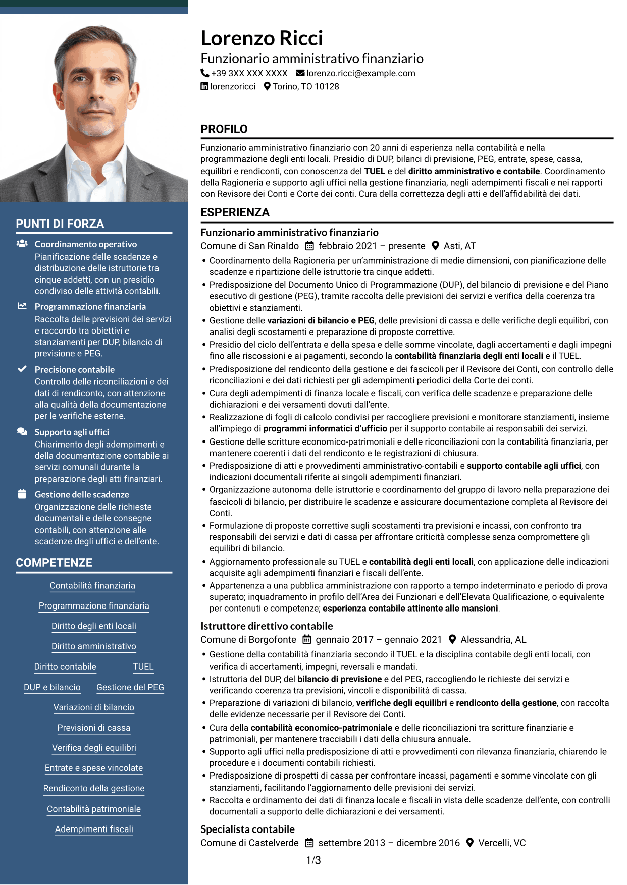 CV Signature (formato con colonna laterale colorata e foto grande): Funzionario amministrativo finanziario - Contabilità degli enti locali, pagina 1