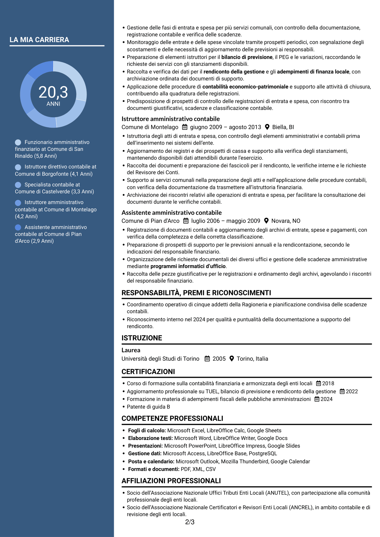 CV Signature (formato con colonna laterale colorata e foto grande): Funzionario amministrativo finanziario - Contabilità degli enti locali, pagina 2