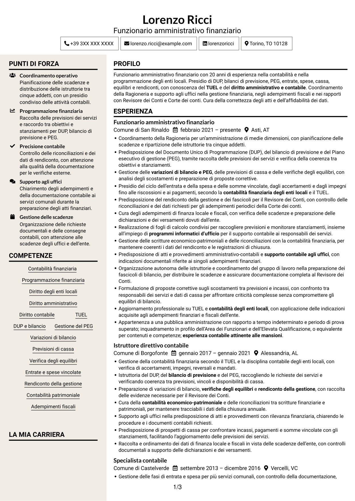CV Intraprendente (formato a due colonne con intestazione centrata senza foto): Funzionario amministrativo finanziario - Contabilità degli enti locali, pagina 1