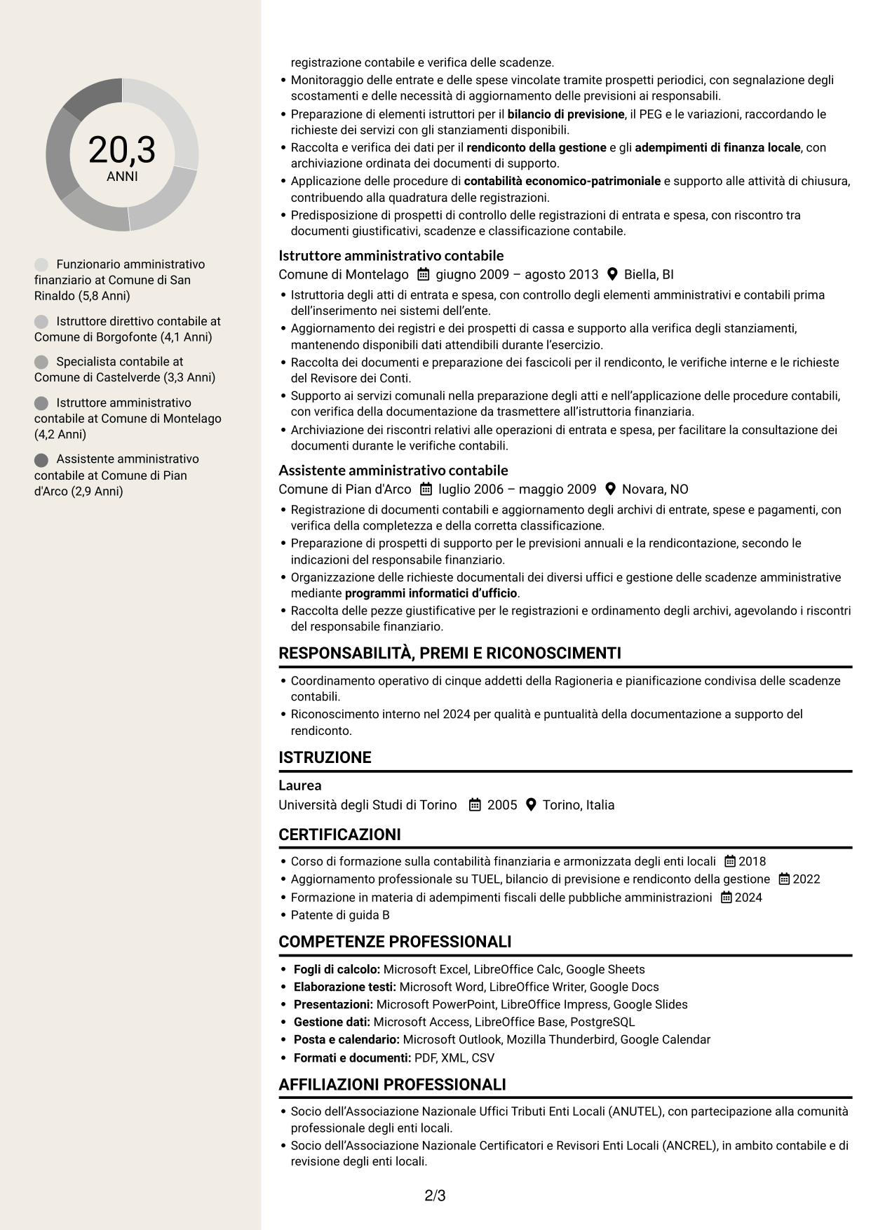 CV Intraprendente (formato a due colonne con intestazione centrata senza foto): Funzionario amministrativo finanziario - Contabilità degli enti locali, pagina 2