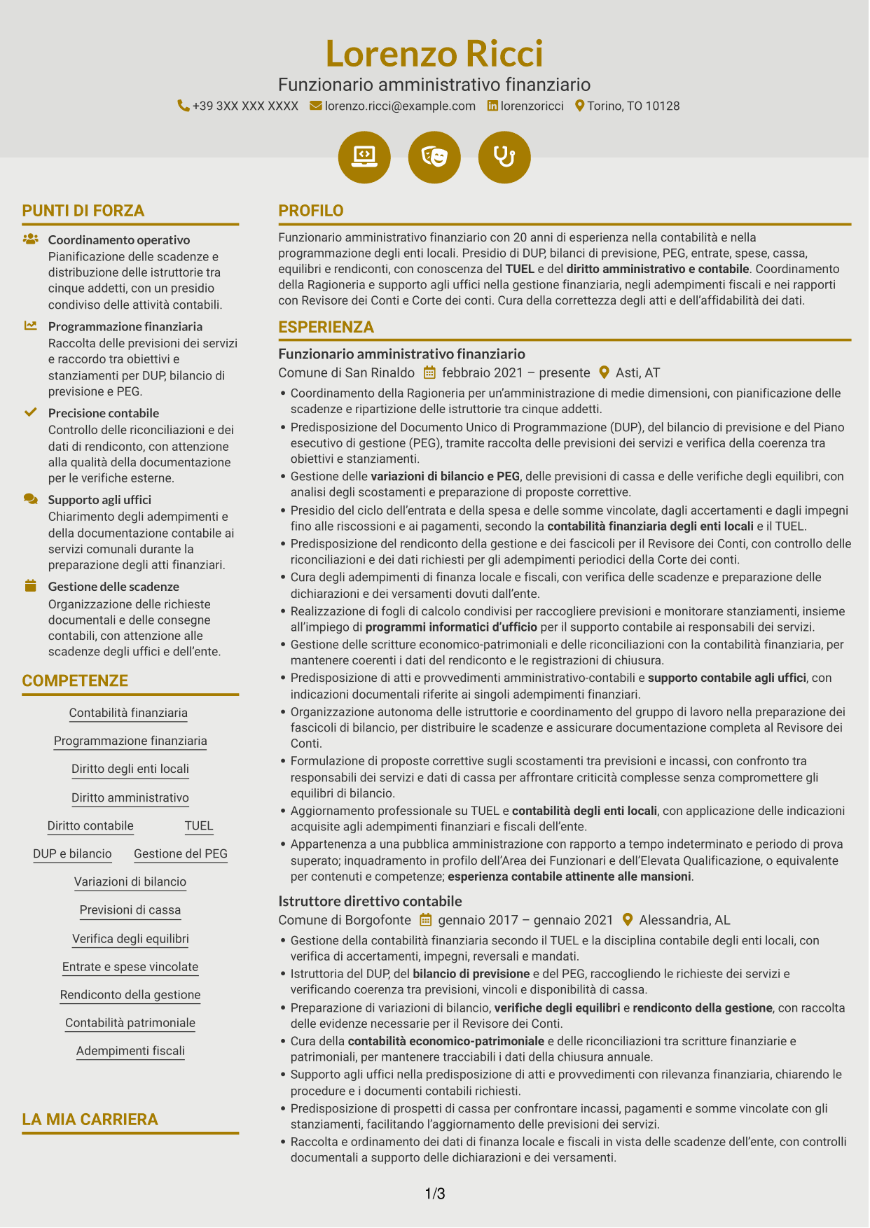 CV Dinamico (formato a due colonne con icone): Funzionario amministrativo finanziario - Contabilità degli enti locali, pagina 1