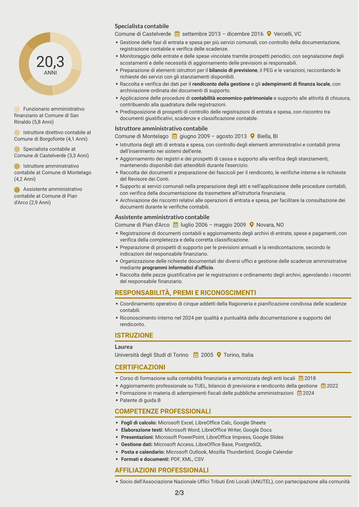CV Dinamico (formato a due colonne con icone): Funzionario amministrativo finanziario - Contabilità degli enti locali, pagina 2