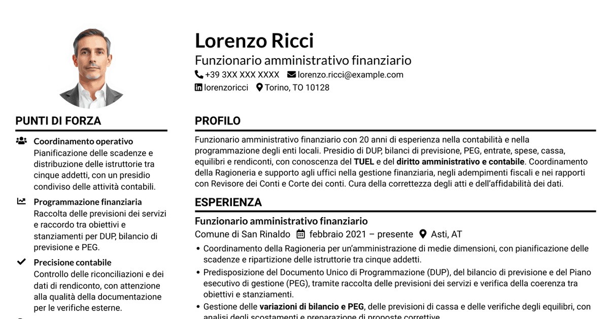 7 modelli di CV per Funzionario amministrativo finanziario - Contabilità degli enti locali, con esempi