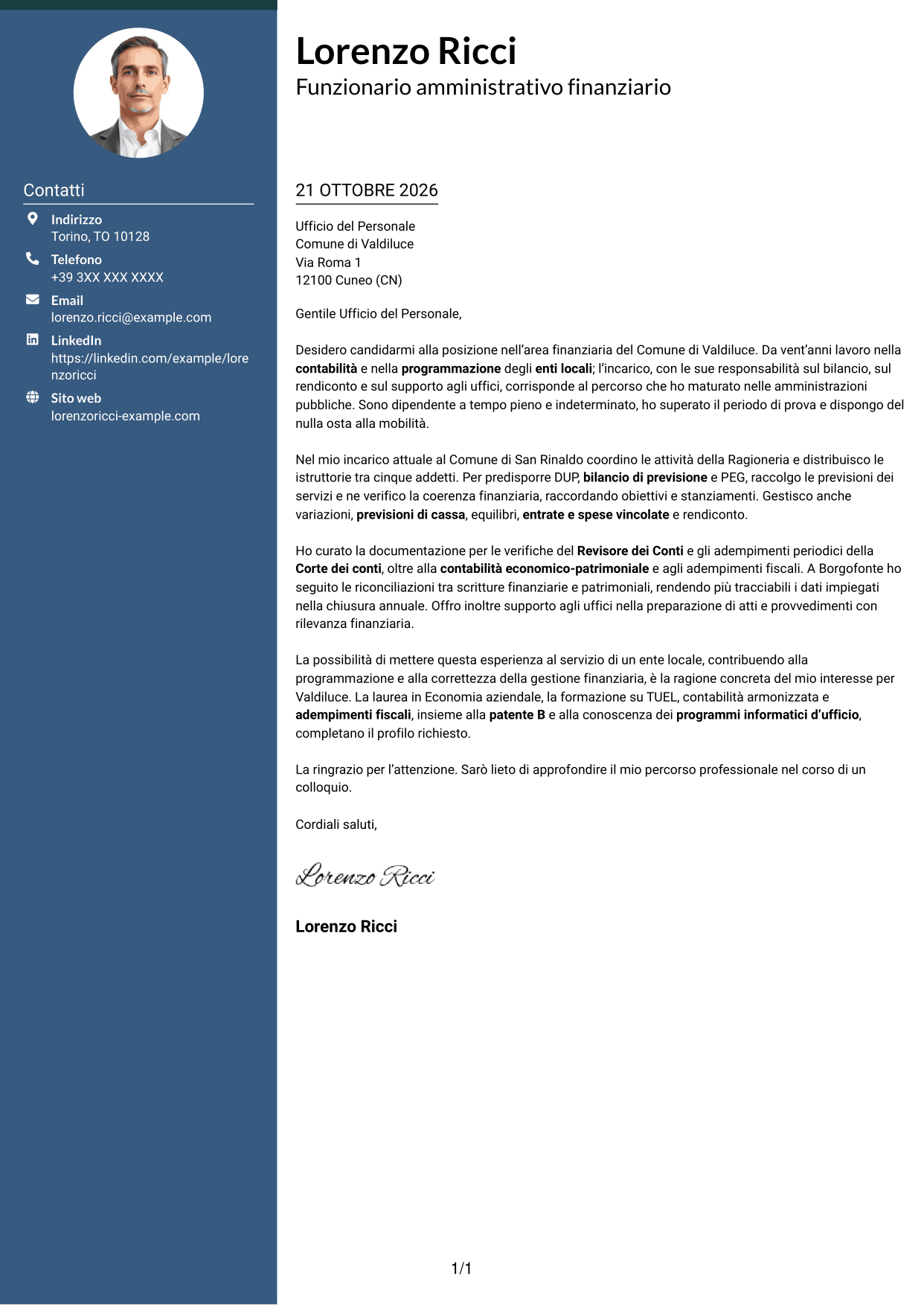 Lettera di presentazione Elegante (formato con colonna laterale colorata e foto): Funzionario amministrativo finanziario - Contabilità degli enti locali, pagina 1