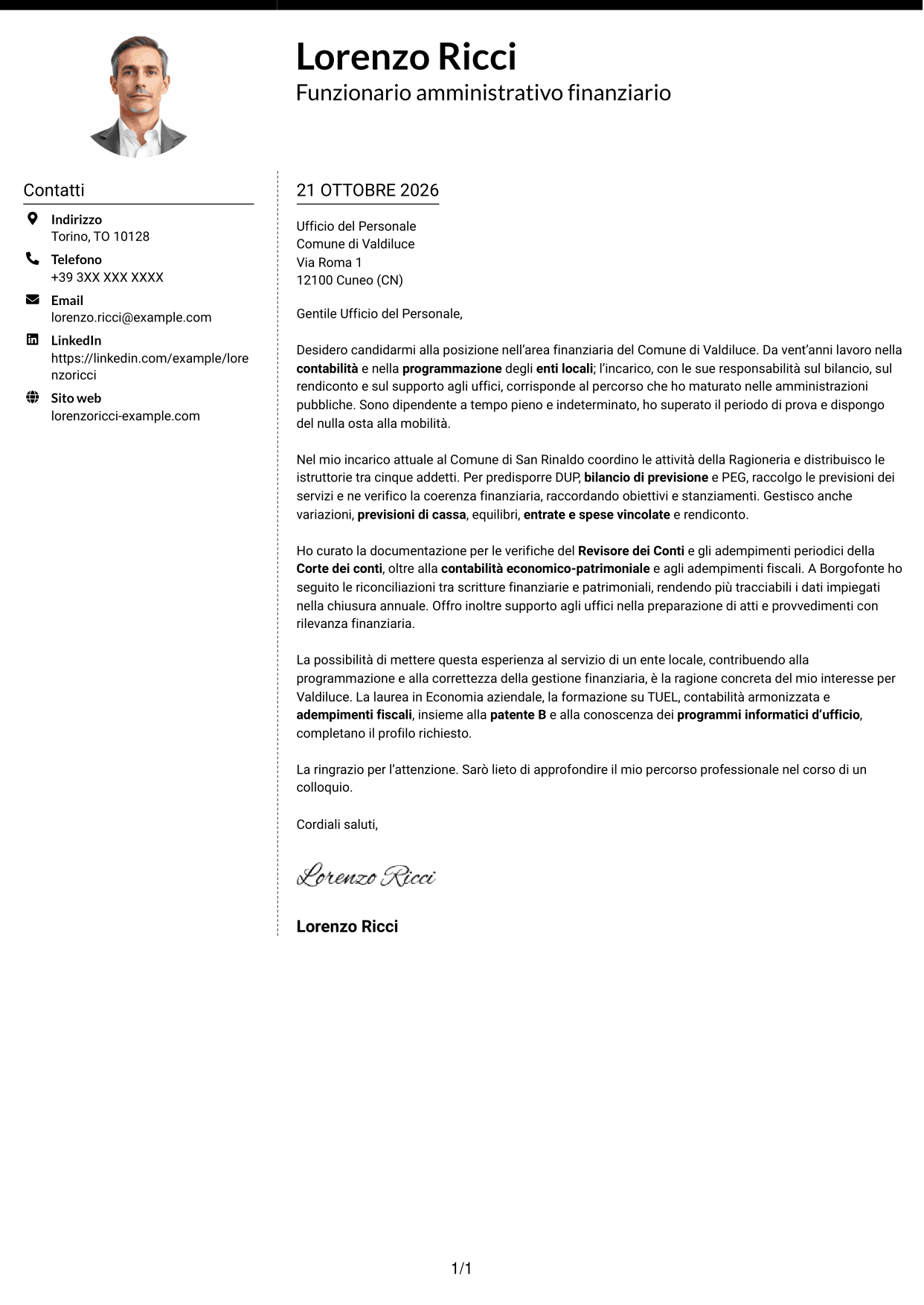 Lettera di presentazione Moderno (formato a due colonne con foto a sinistra e separatore): Funzionario amministrativo finanziario - Contabilità degli enti locali, pagina 1