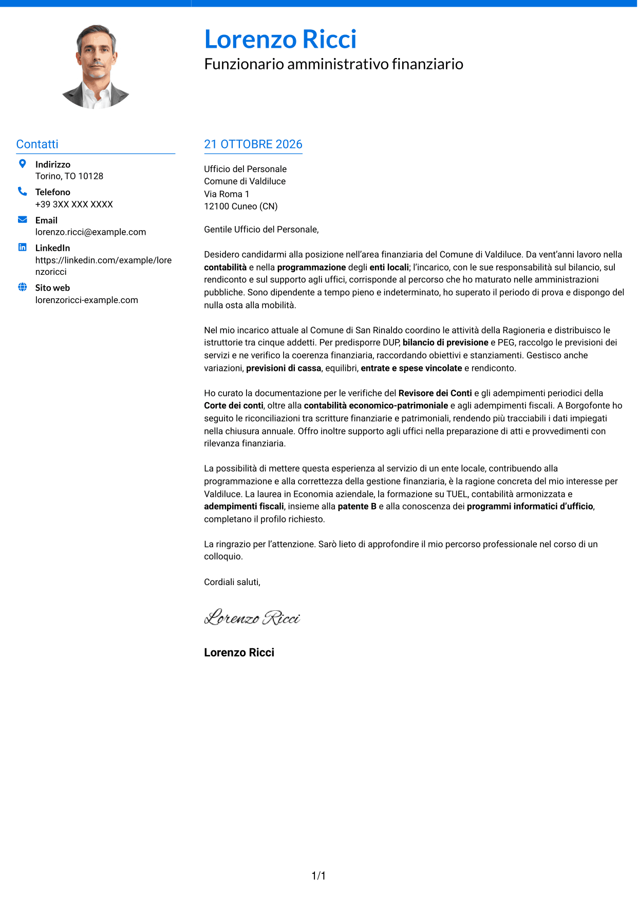 Lettera di presentazione Audace (formato a due colonne con accenti colorati e foto): Funzionario amministrativo finanziario - Contabilità degli enti locali, pagina 1