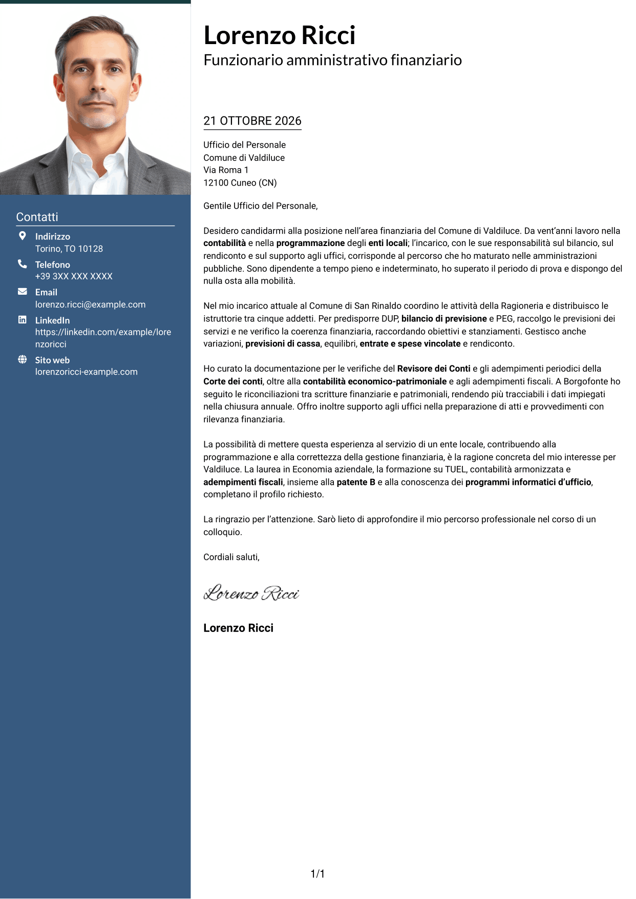 Lettera di presentazione Signature (formato con colonna laterale colorata e foto grande): Funzionario amministrativo finanziario - Contabilità degli enti locali, pagina 1