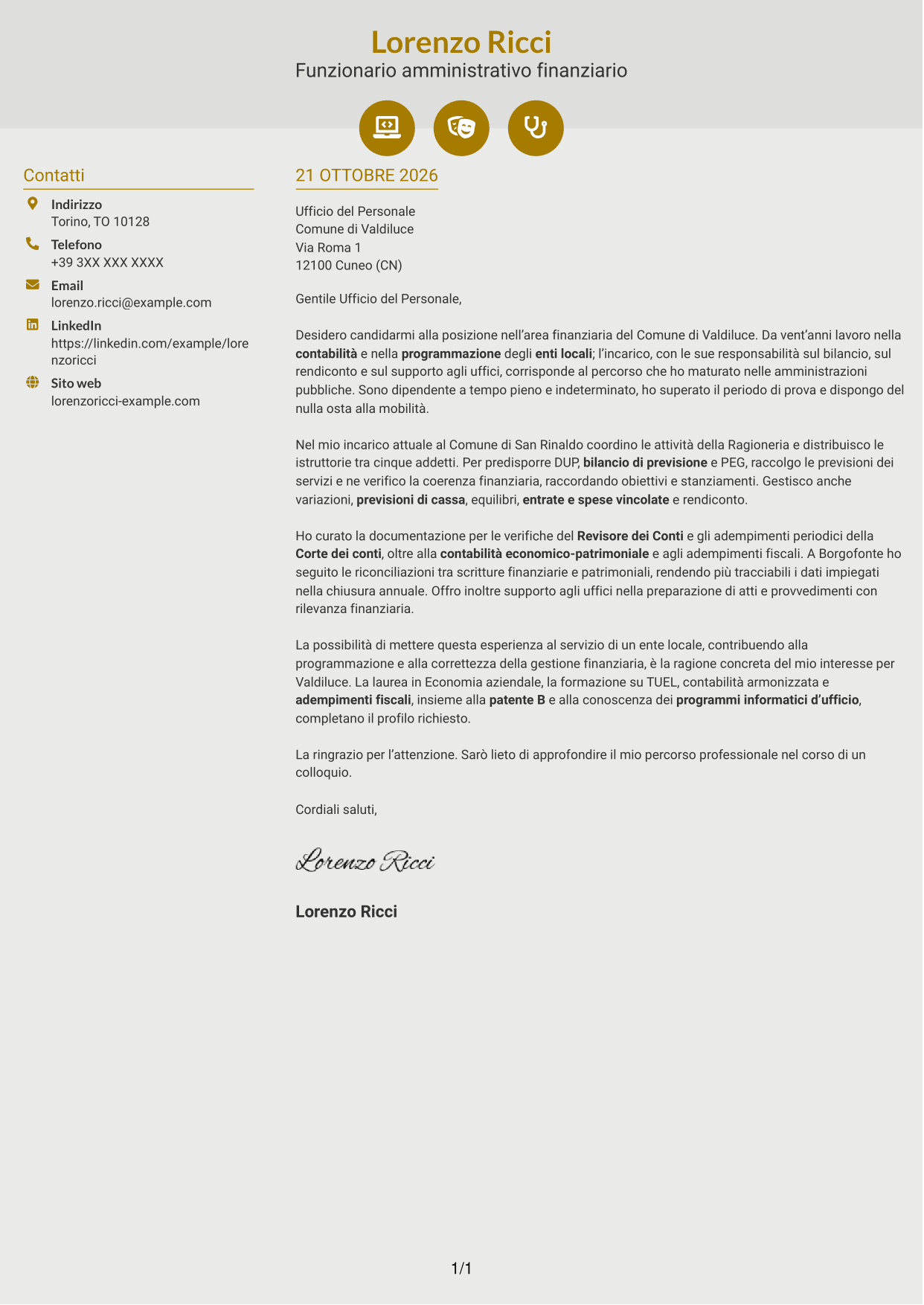 Lettera di presentazione Dinamico (formato a due colonne con icone): Funzionario amministrativo finanziario - Contabilità degli enti locali, pagina 1