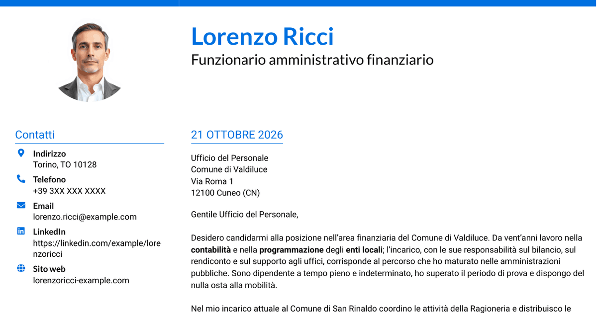 7 modelli di lettera di presentazione per Funzionario amministrativo finanziario - Contabilità degli enti locali, con esempi