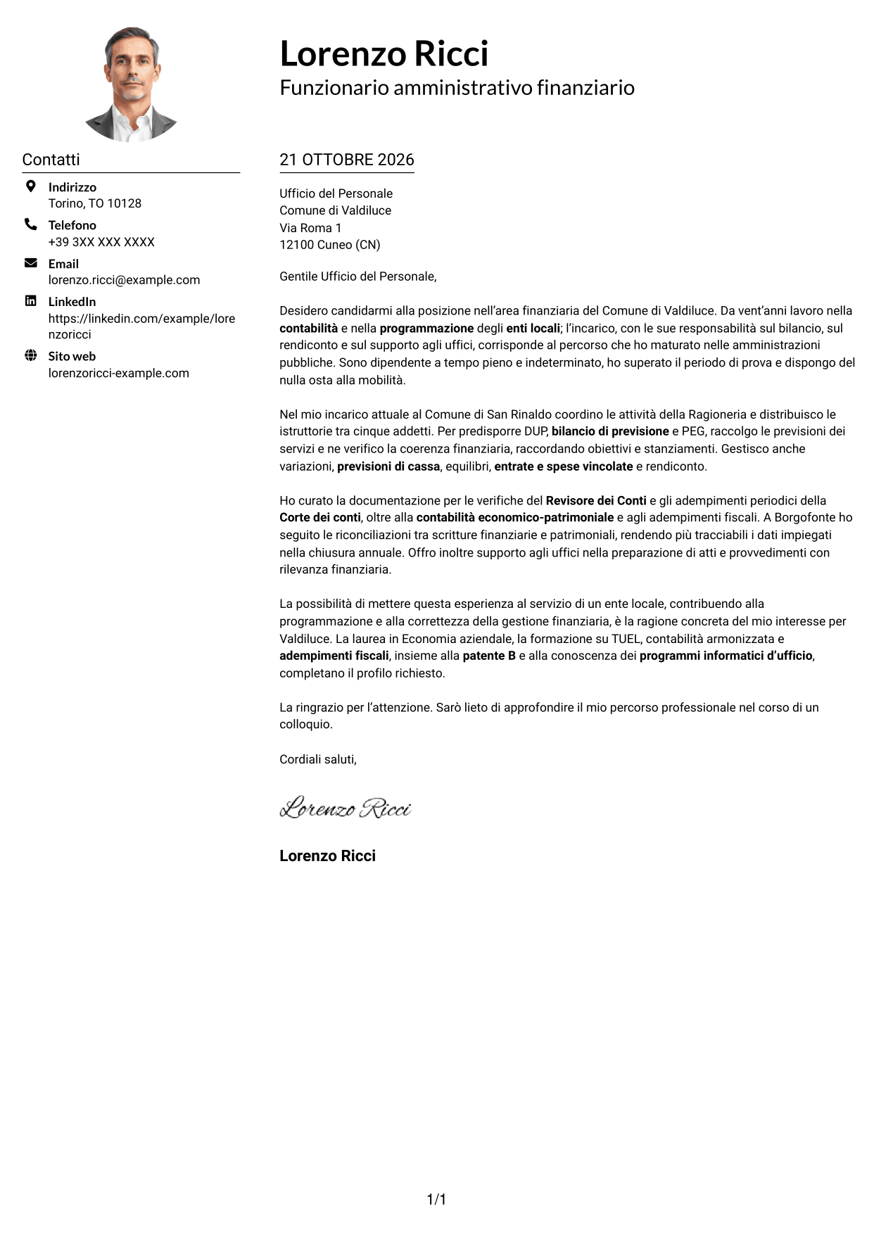 Esempio di lettera di presentazione — pagina 1