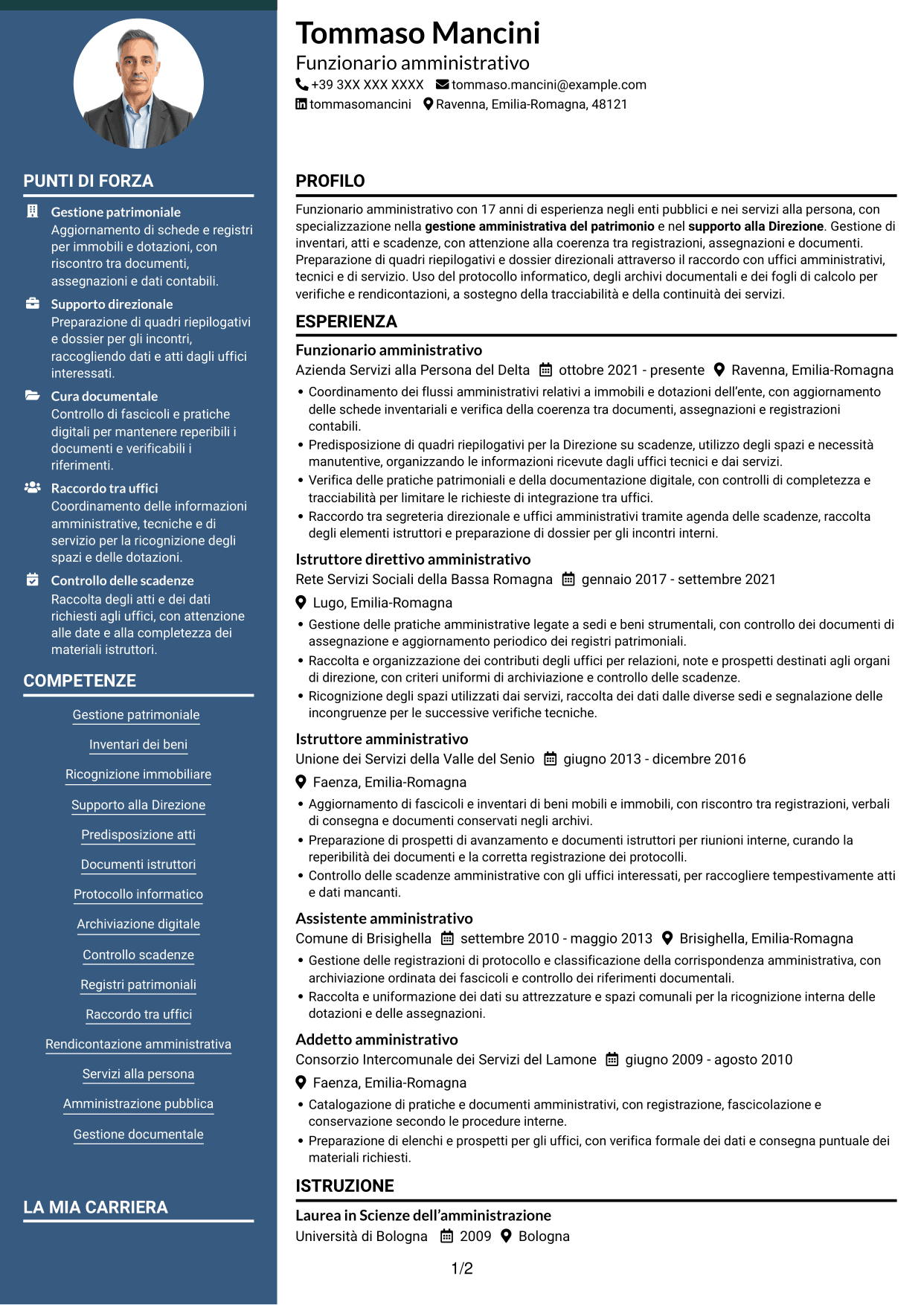 CV Elegante (formato con colonna laterale colorata e foto): Funzionario amministrativo - Patrimonio e supporto alla Direzione, pagina 1