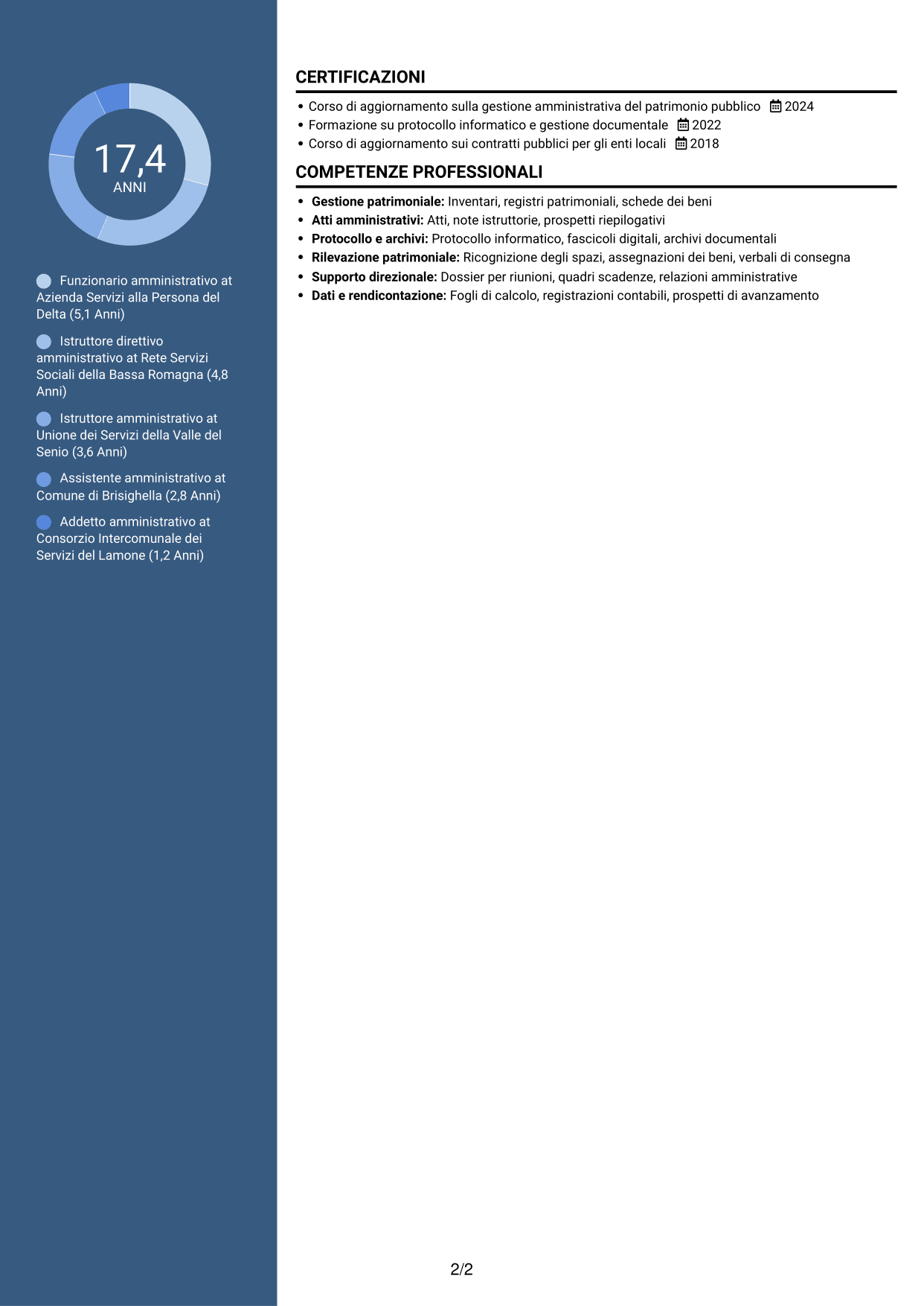 CV Elegante (formato con colonna laterale colorata e foto): Funzionario amministrativo - Patrimonio e supporto alla Direzione, pagina 2