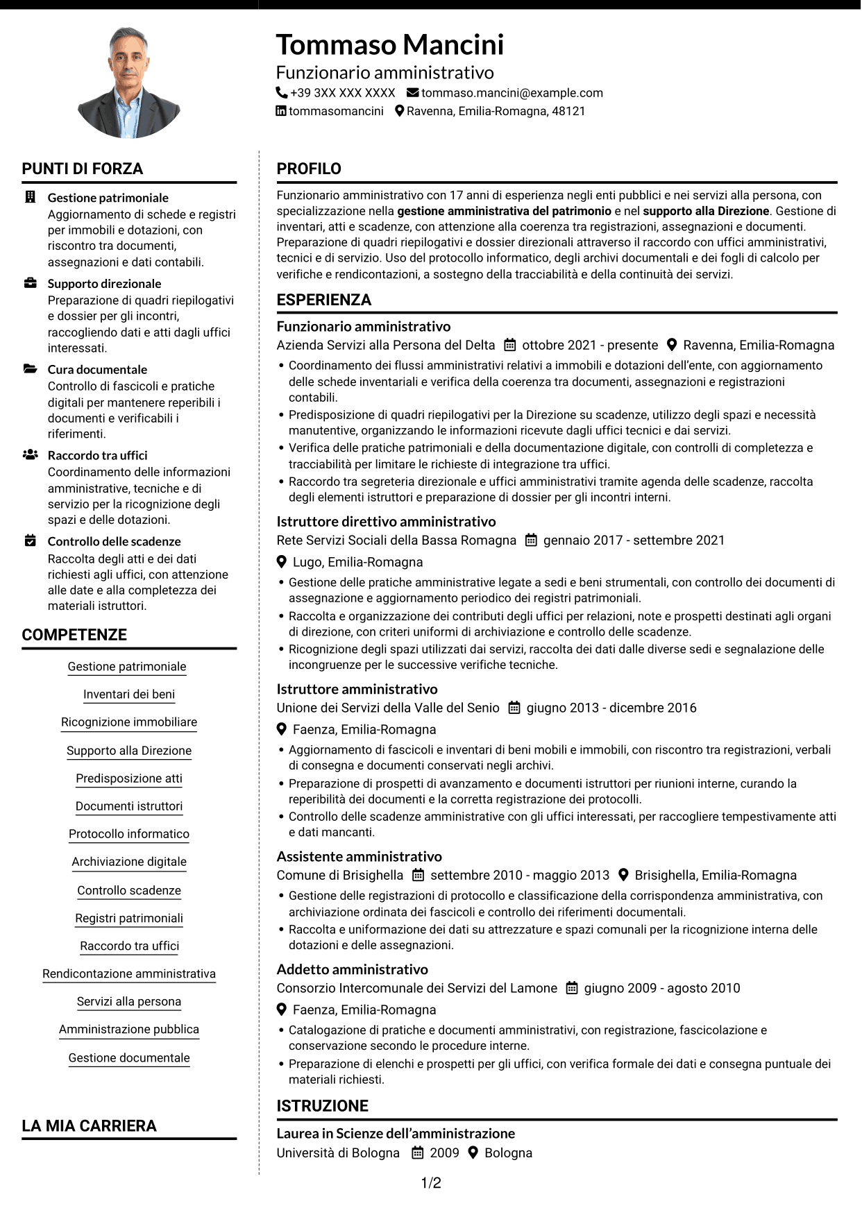 CV Moderno (formato a due colonne con foto a sinistra e separatore): Funzionario amministrativo - Patrimonio e supporto alla Direzione, pagina 1
