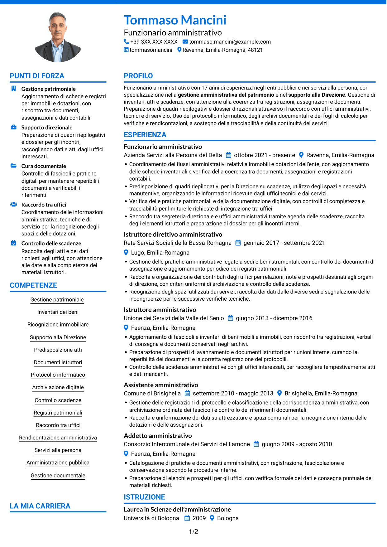 CV Audace (formato a due colonne con accenti colorati e foto): Funzionario amministrativo - Patrimonio e supporto alla Direzione, pagina 1