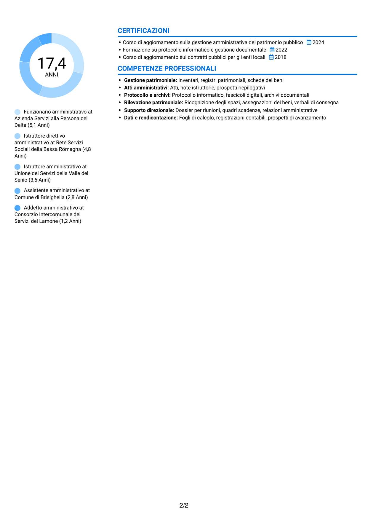 CV Audace (formato a due colonne con accenti colorati e foto): Funzionario amministrativo - Patrimonio e supporto alla Direzione, pagina 2
