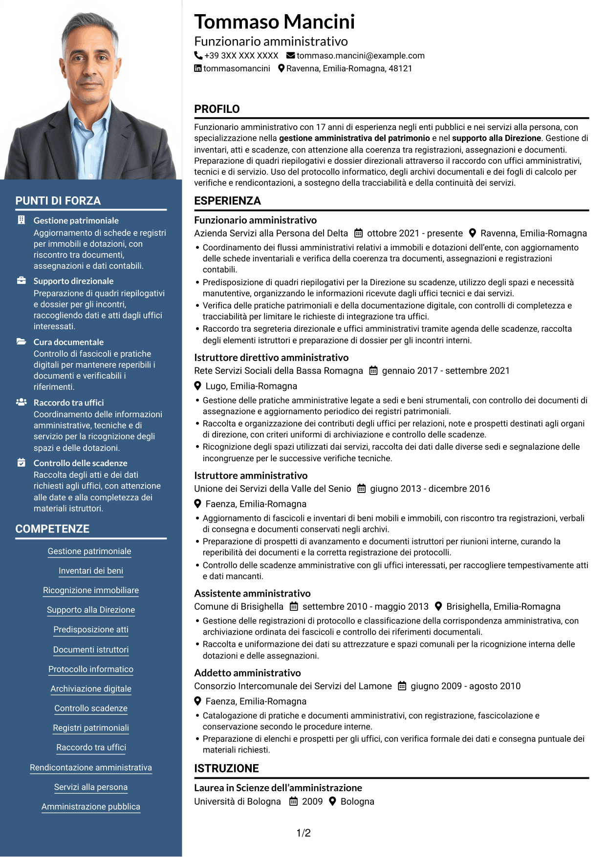 CV Signature (formato con colonna laterale colorata e foto grande): Funzionario amministrativo - Patrimonio e supporto alla Direzione, pagina 1