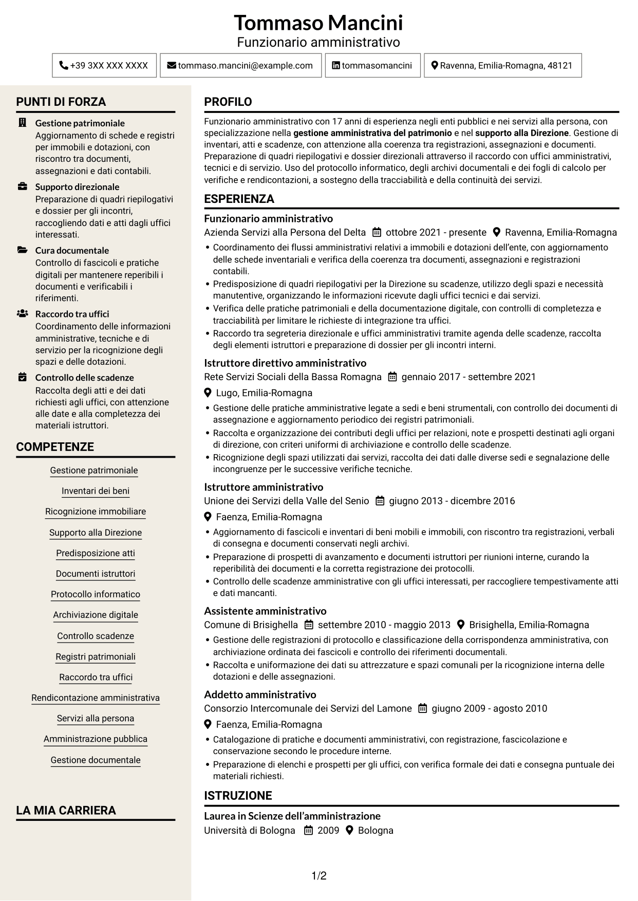 CV Intraprendente (formato a due colonne con intestazione centrata senza foto): Funzionario amministrativo - Patrimonio e supporto alla Direzione, pagina 1