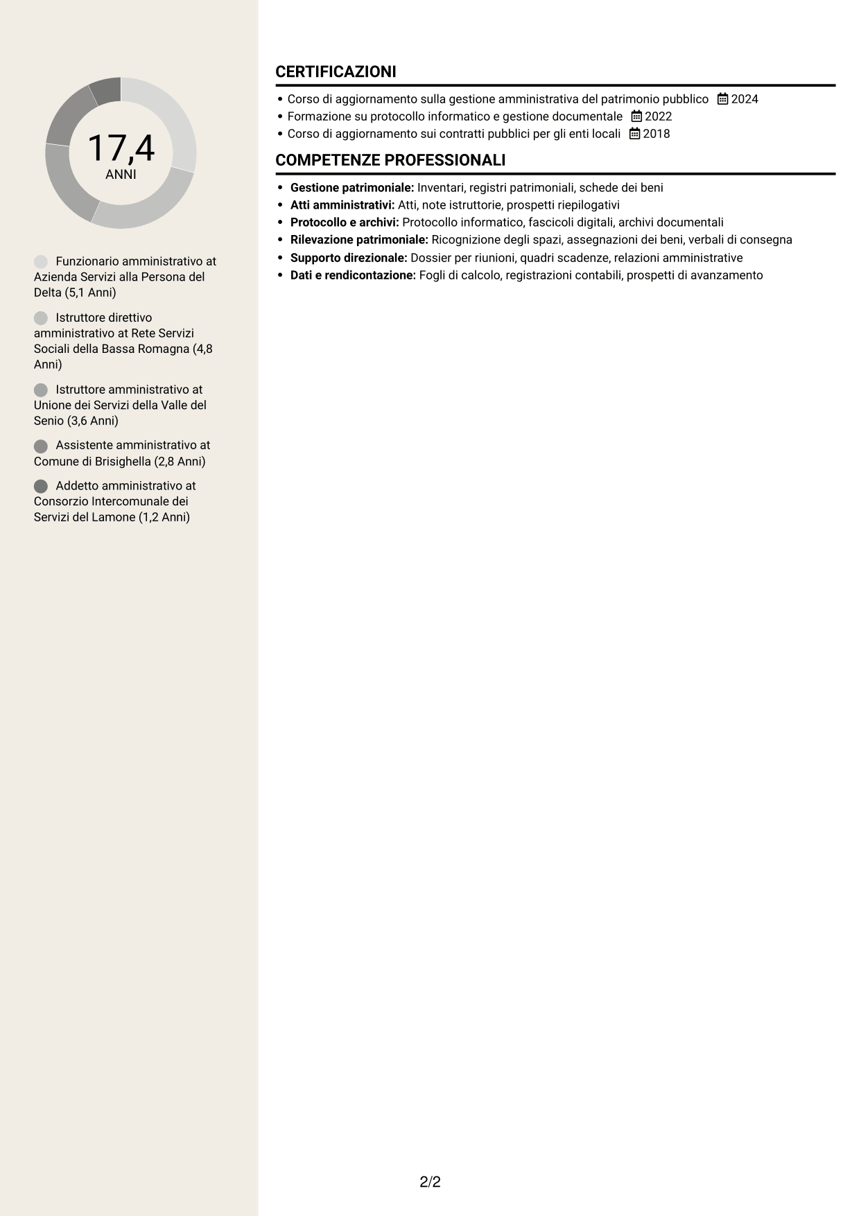 CV Intraprendente (formato a due colonne con intestazione centrata senza foto): Funzionario amministrativo - Patrimonio e supporto alla Direzione, pagina 2