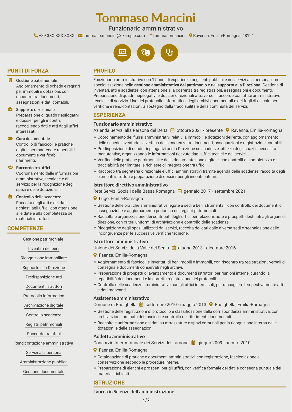 CV Dinamico (formato a due colonne con icone): Funzionario amministrativo - Patrimonio e supporto alla Direzione, pagina 1