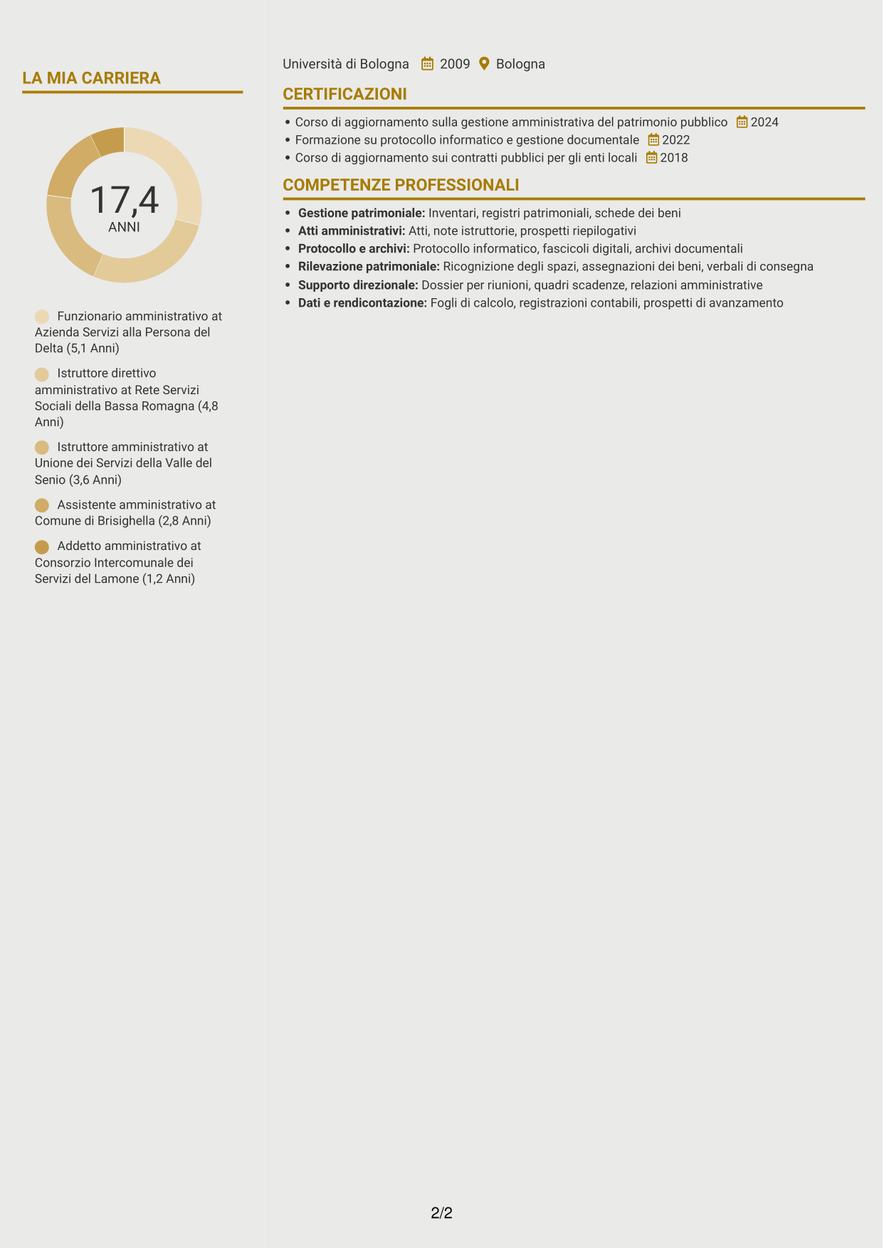 CV Dinamico (formato a due colonne con icone): Funzionario amministrativo - Patrimonio e supporto alla Direzione, pagina 2