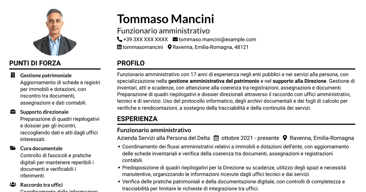 7 modelli di CV per Funzionario amministrativo - Patrimonio e supporto alla Direzione, con esempi