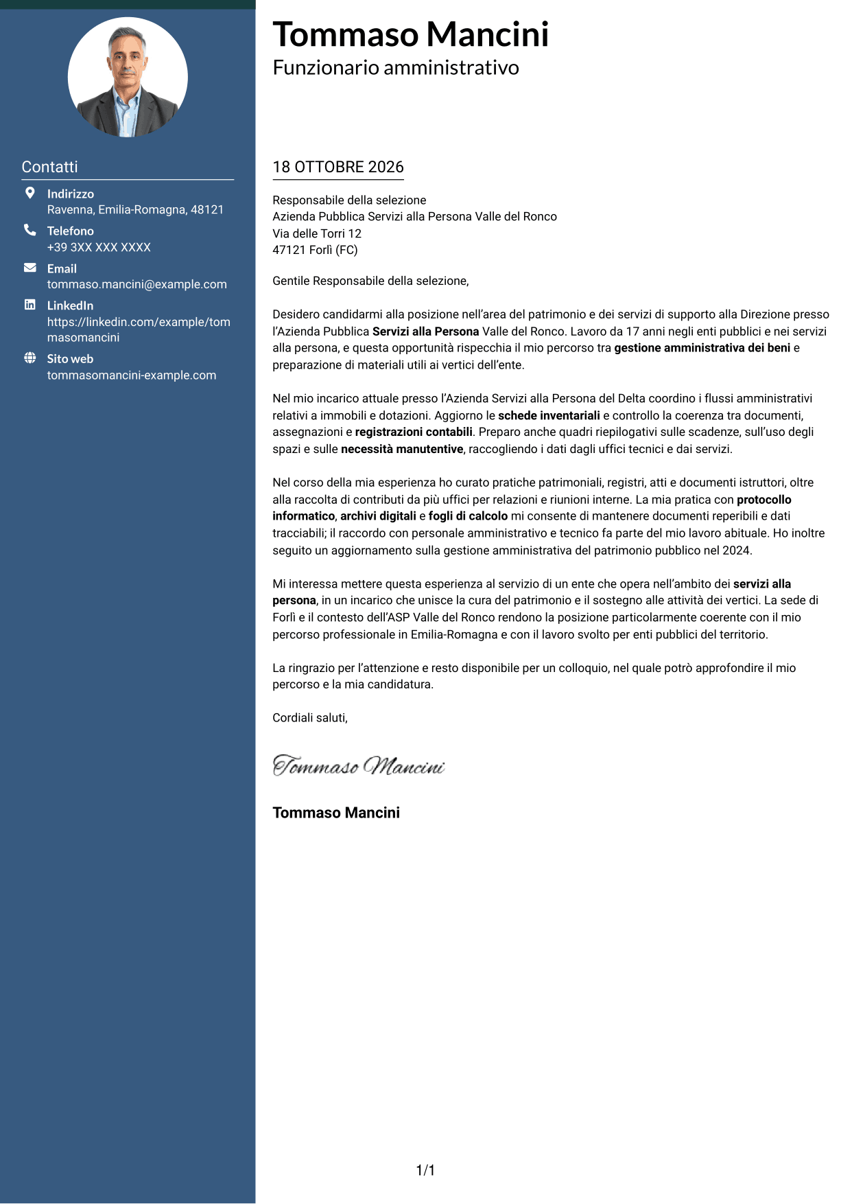 Lettera di presentazione Elegante (formato con colonna laterale colorata e foto): Funzionario amministrativo - Patrimonio e supporto alla Direzione, pagina 1