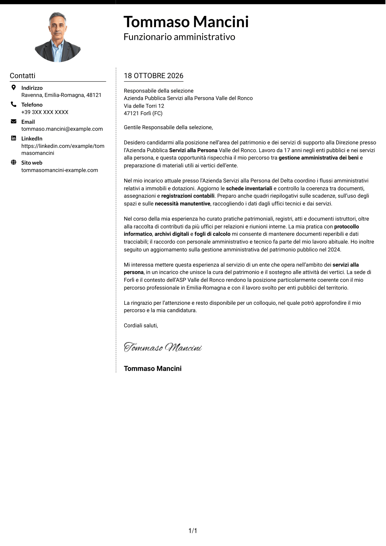 Lettera di presentazione Moderno (formato a due colonne con foto a sinistra e separatore): Funzionario amministrativo - Patrimonio e supporto alla Direzione, pagina 1